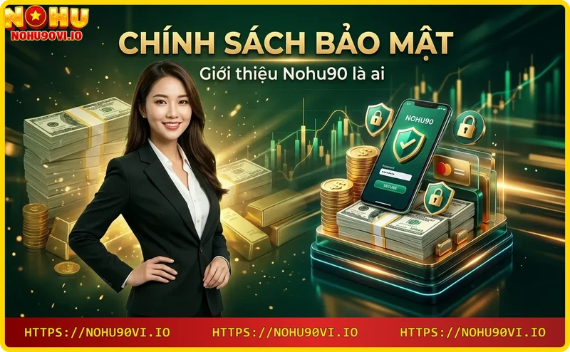 Hình ảnh giới thiệu Nohu90 với không gian casino sang trọng và các biểu tượng bảo mật xung quanh