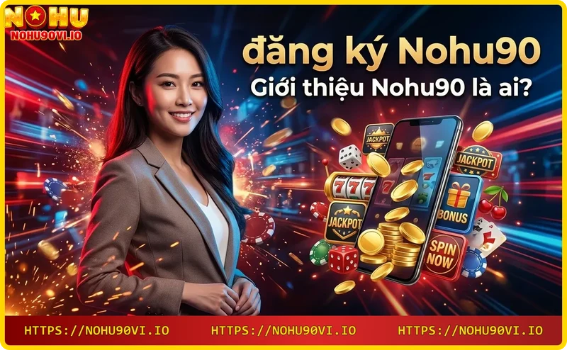 Không gian casino cao cấp với logo Nohu90 phát sáng và máy đánh bạc hiện đại